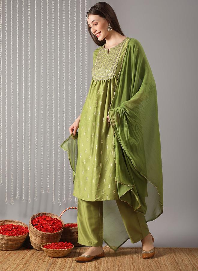 globus Women Green Embroidered A-Line Kurta with Pant and Dupatta Set - Image 1